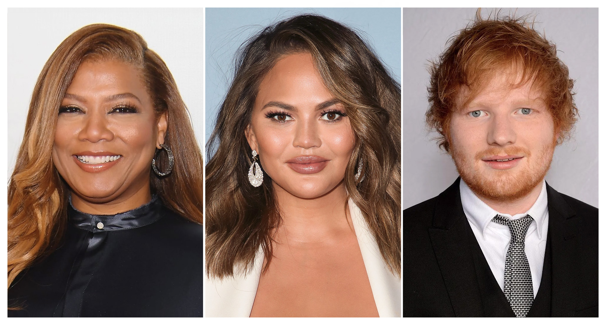 kolaž queen latifah, chrissy teigen in ed sheeran.